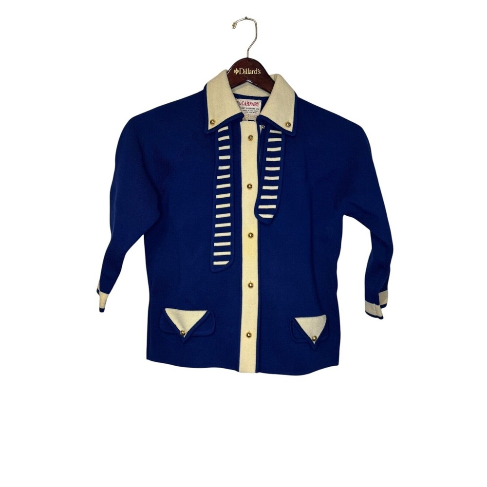 Carnaby Women Jacket 1950s-1960s Collared Zephyr‎ Wool Bomber Blue/Cream Sz. 12